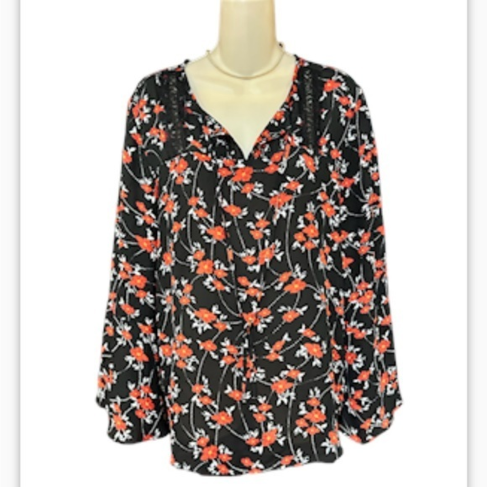 Violet And Claire Red Black Floral Blouse Bell Sleeve Peasant Top